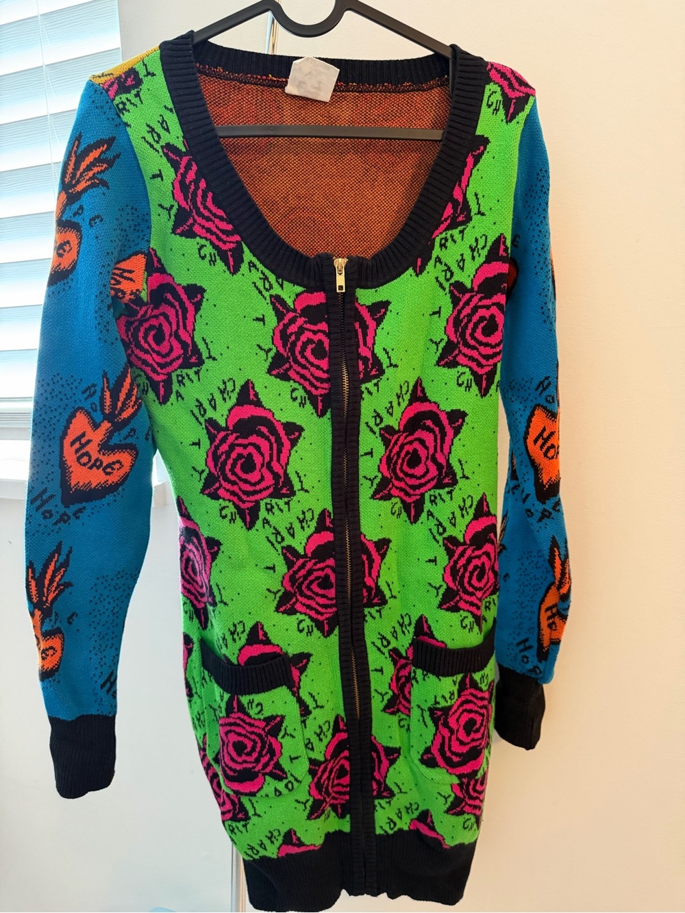 Betsey Johnson Green, Blue & Pink Rose Zip Cardigan